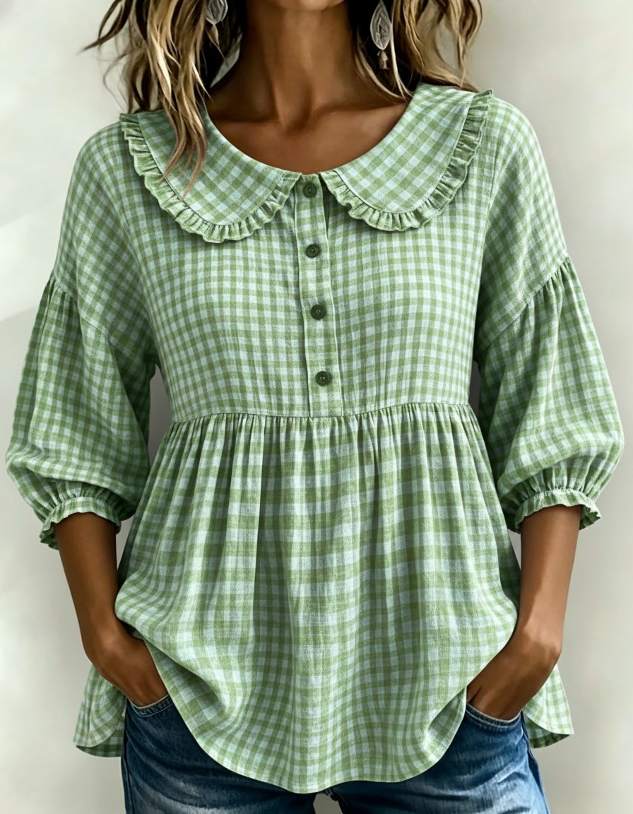 📦📦LAST DAY SAVE 49% ⏰Women's Gingham Puff Sleeve Peplum Blouse