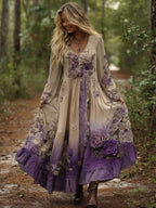 Vintage Classy Gradient Purple Lavender And Floral Embroidered Maxi Dress