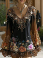 Women's Bohemian-style Floral Embroidered V-neck T-shirt
