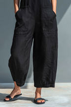 Women's Minimalist Linen Blend Button-up Stand-collar Sleeveless Loose Jumpsuit