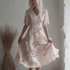 Sakura Embroidery Pattern Casual Linen Dress
