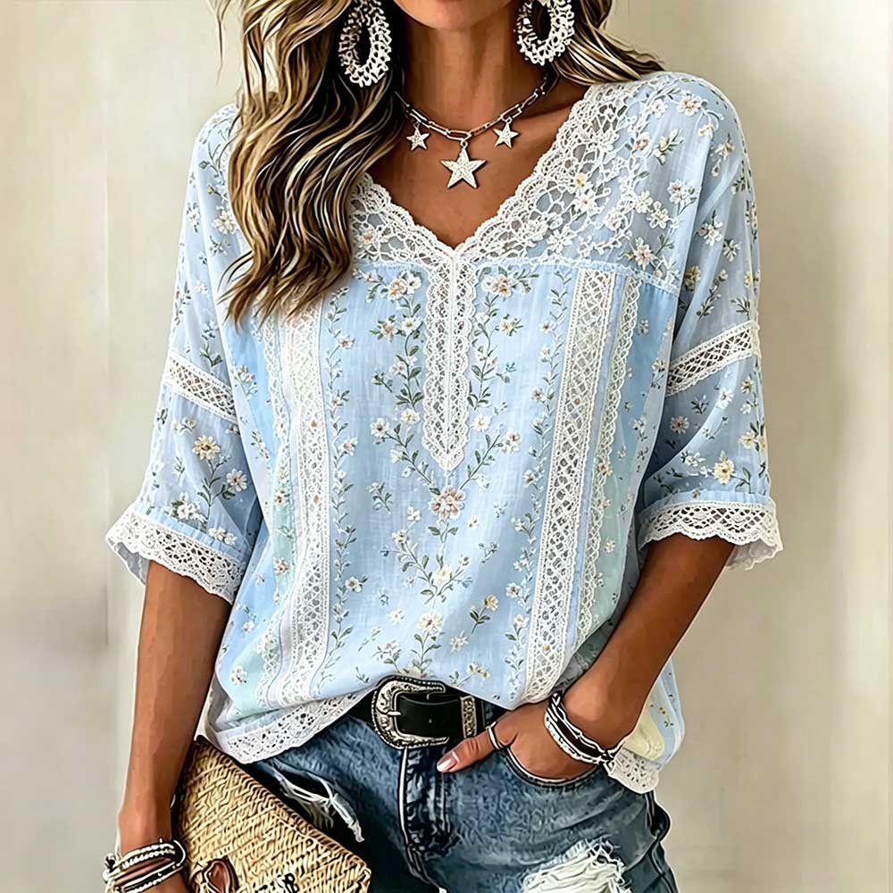 Vintage-inspired Small Floral And Lace Embroidery Patchwork Art Comfortable Linen Blend V-neck Top