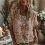 Women's Pink Flower Embroidered Art Short Sleeve T-shirt