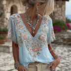 Women's Floral Embroidered Art V-neck Short Sleeved Linen Blend T-shirt
