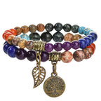 Tree Of Life & Leaf Pendant Colorful Agate Bracelet