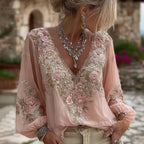 Women's Vintage Pink Floral Embroidered Art Pattern V-neck Long Sleeve Blouse