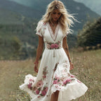 Women's Vintage Rose Embroidery Art Comfy Linen Maxi Dress