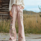 Vintage Boho Pink Roses Embroidered Cozy Linen Pants