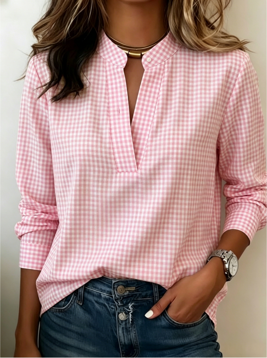 Today 50% Off🔥Women’s Classic Gingham Split V-Neck Blouse (BUY 2 GET FREE SHIPPING)