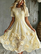 Women's Rose Art Embroidered Linen Blend Round Neck Maxi Dress