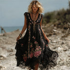 Vintage Boho Pink Roses Lace Flowy Linen Maxi Dress