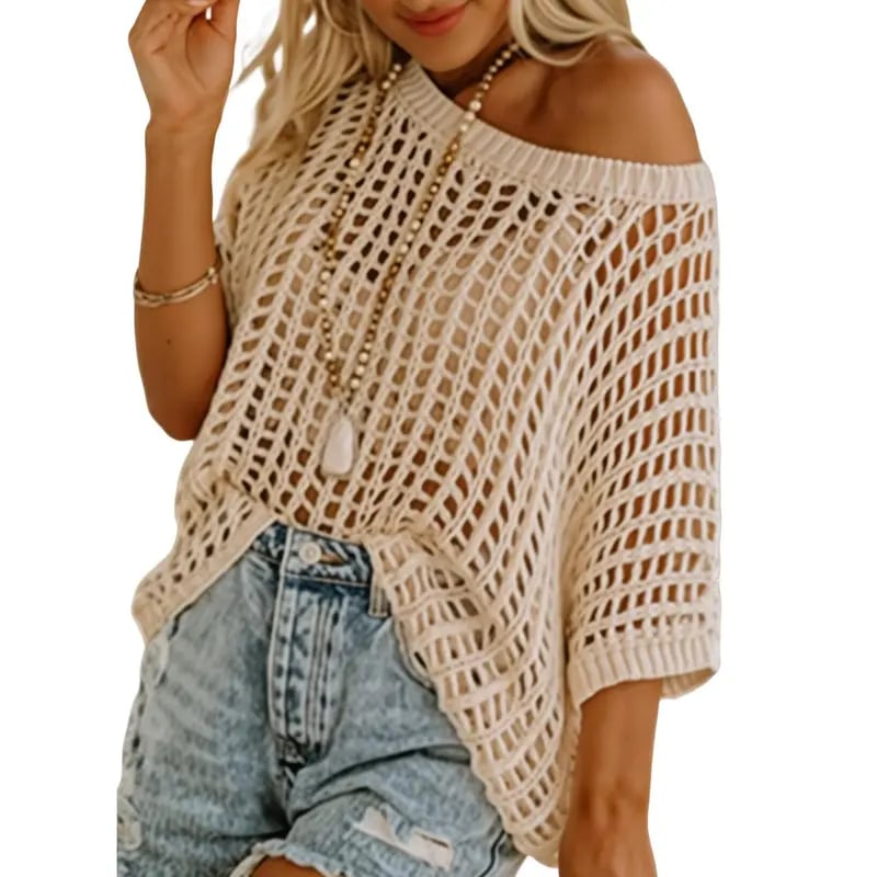 📦📦Short Sleeve Crochet Sweater Lightweight Summer Tops Loose Hollow Out Crewneck Pullover