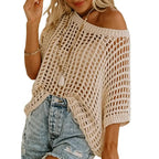 📦📦Short Sleeve Crochet Sweater Lightweight Summer Tops Loose Hollow Out Crewneck Pullover