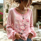 Women's Japanese Cherry Blossom Painting Art Crew Neck Linen Blend T-shirt