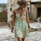 Women's Pink Rose Embroidery Art Suspender Mini Dress