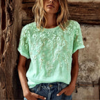 Women's White Floral Art Embroidery Linen Blend Short Sleeve Top