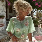 Women's Greece Vacation Greek Key With Floral Print Short Sleeve Tops