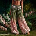 Women's Boho Floral Vine Ombre Cotton Lace Up Casual Pants