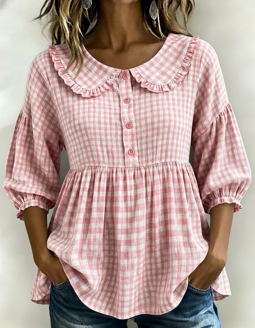 📦📦LAST DAY SAVE 49% ⏰Women's Gingham Puff Sleeve Peplum Blouse