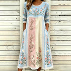 Women's Retro Floral Art Embroidered Patchwork Linen Blend Short Sleeve Dress