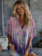 Women's Vintage Celtic Knot Floral Art Flowy Linen Blend Casual Tops