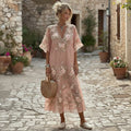 Women's Retro Floral Embroidery Art V-neck Short Sleeve Midi Dress