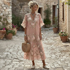 Women's Retro Floral Embroidery Art V-neck Short Sleeve Midi Dress