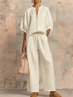 ✨⏰New Arrivals🔥 Stylish Cozy Zipper Shirt & Wide-Leg Pants Linen Cotton Two-Piece Set