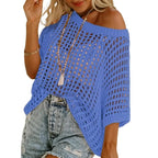 📦📦Short Sleeve Crochet Sweater Lightweight Summer Tops Loose Hollow Out Crewneck Pullover
