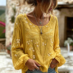 Women's Dragonfly Flower Art Crew Neck Long Sleeve Linen Blend T-shirt