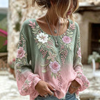 Women's Retro Floral Gradient Art Round Neck Long Sleeve T-shirt