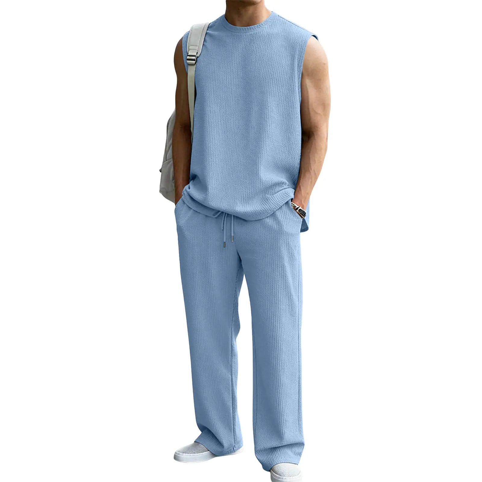 📦📦Mens 2 Piece Rib Knit Sweatsuit Tank Top Baggy Wide Leg Pants Set Vacation Beach Outfit for Men