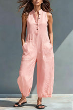 Women's Minimalist Linen Blend Button-up Stand-collar Sleeveless Loose Jumpsuit