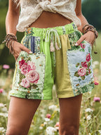 Women's Patchwork Rose Floral Contrast Waist Drawstring Pocket Shorts