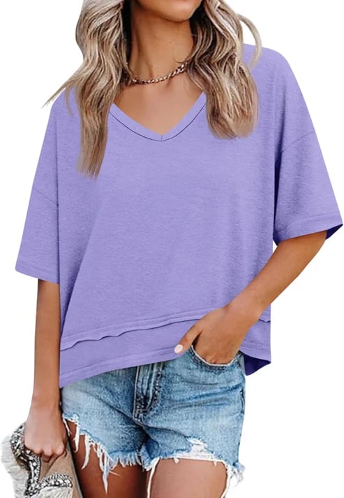 📦📦Womens Summer V Neck T Shirts Casual Short Sleeve Flowy Tops Cute Loose Fit Basic Tees Summervibes
