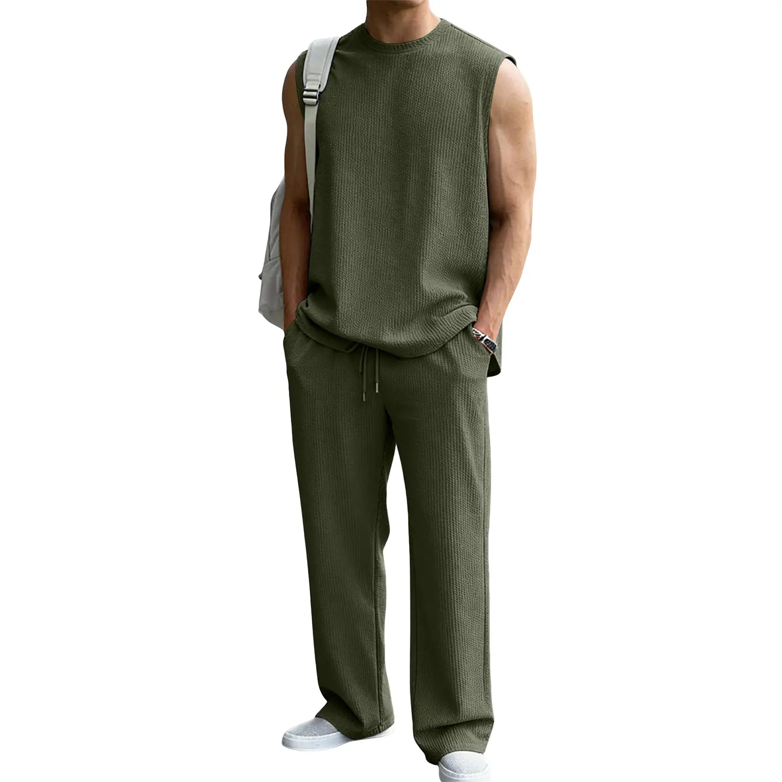 📦📦Mens 2 Piece Rib Knit Sweatsuit Tank Top Baggy Wide Leg Pants Set Vacation Beach Outfit for Men