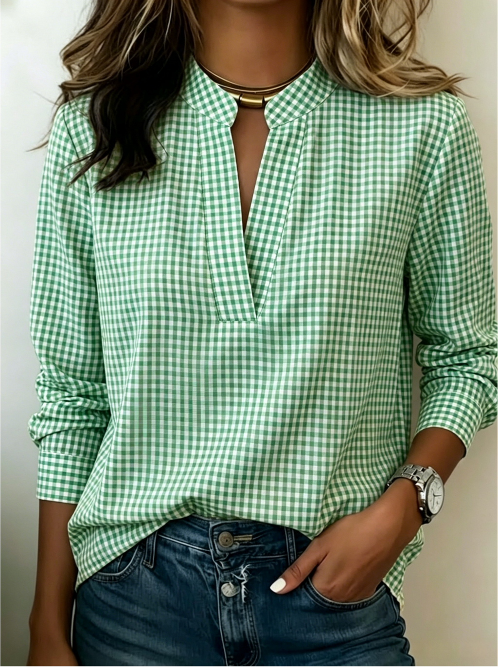 Today 50% Off🔥Women’s Classic Gingham Split V-Neck Blouse (BUY 2 GET FREE SHIPPING)