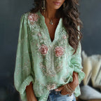 Women's Vintage Spring Floral Embroidered Art Print Flowy Linen Blend Casual Tops