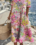 ✨⏰Robe Midi Femme Coton Lin Imprimé Floral Abstrait Poches Manches Courtes