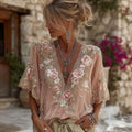 Women's Pink Flower Embroidered Art V-neck Short Sleeve Linen Blend T-shirt