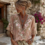 Women's Pink Flower Embroidered Art V-neck Short Sleeve Linen Blend T-shirt