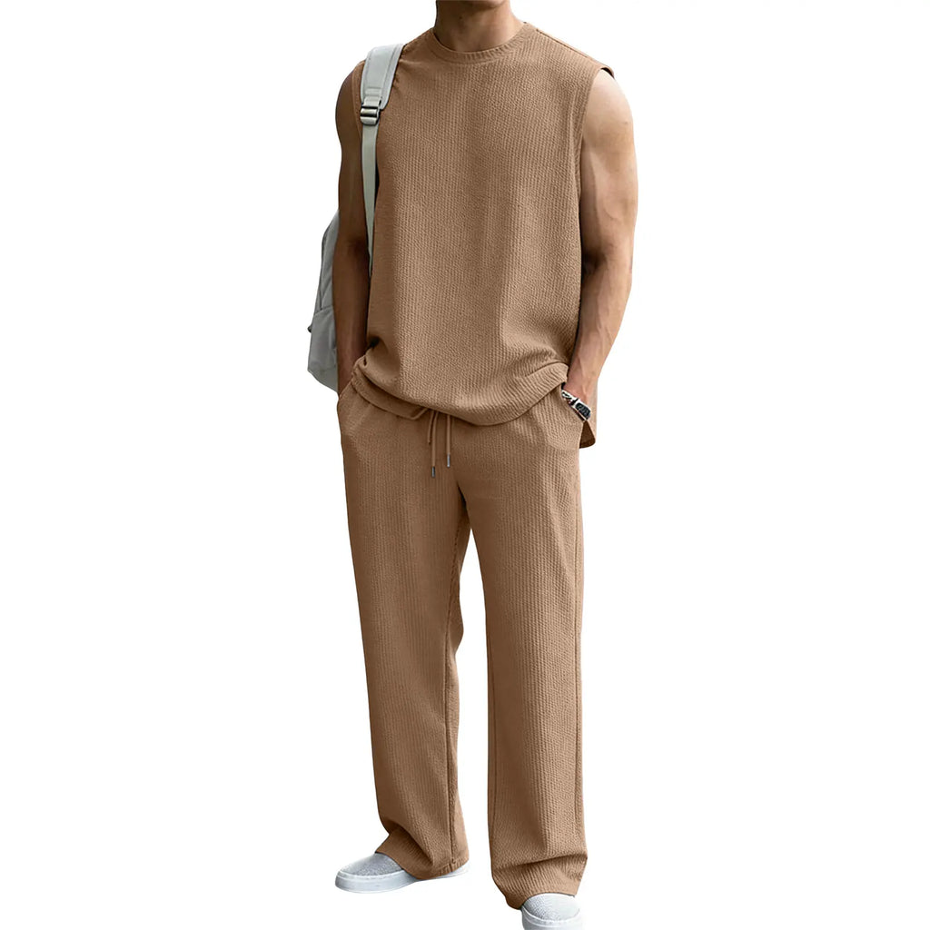 📦📦Mens 2 Piece Rib Knit Sweatsuit Tank Top Baggy Wide Leg Pants Set Vacation Beach Outfit for Men