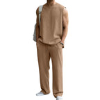 📦📦Mens 2 Piece Rib Knit Sweatsuit Tank Top Baggy Wide Leg Pants Set Vacation Beach Outfit for Men