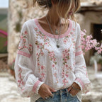 Women's Japanese Flower Art Crew Neck Linen Blend T-shirt