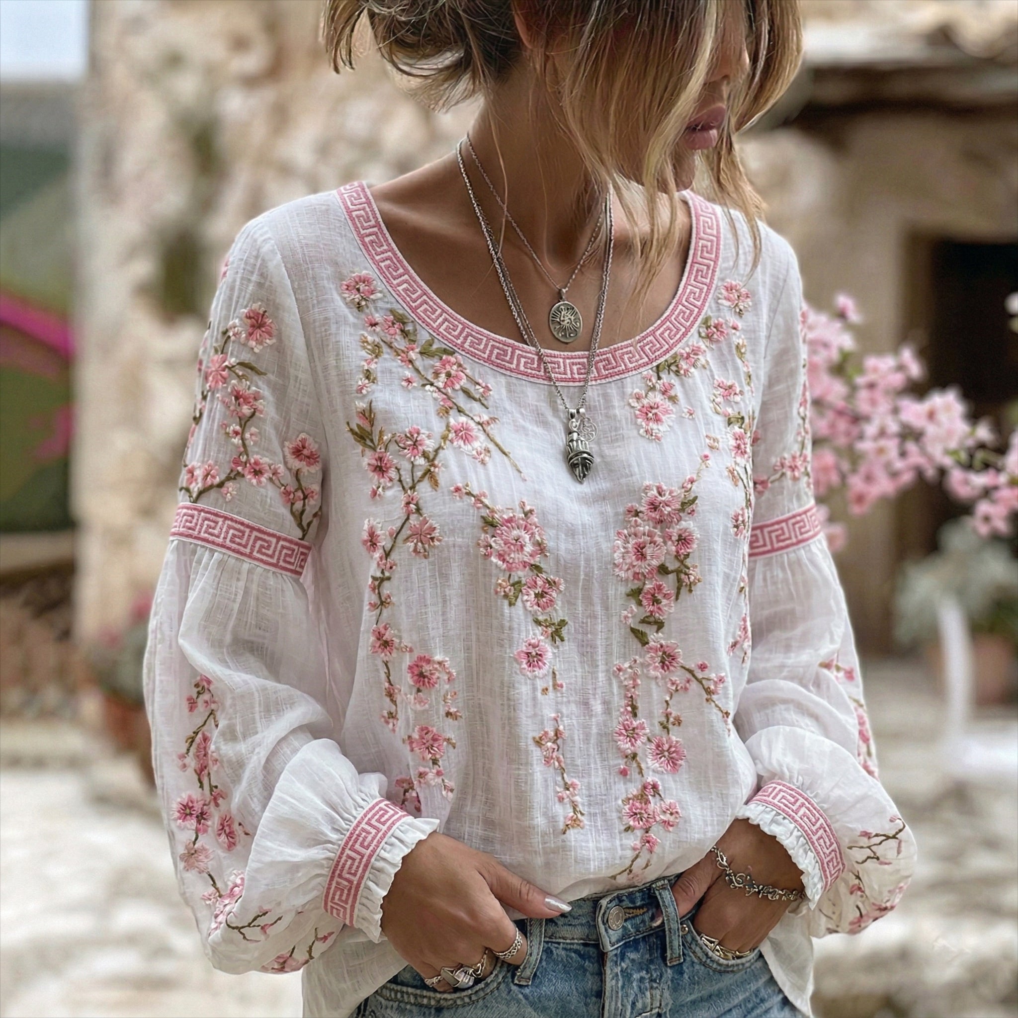 Women's Japanese Flower Art Crew Neck Linen Blend T-shirt