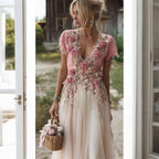 Vintage Pink Boho Roses Art V Neck Linen Maxi Dress
