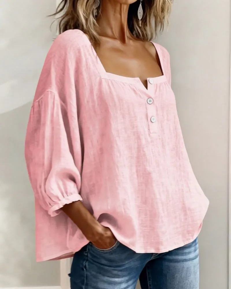 📦📦🌸Pink Square-Neck Half-Button Shirt