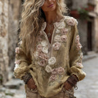 Women's Romantic Rose Embroidered Art Print Flowy Linen Blend Casual Tops