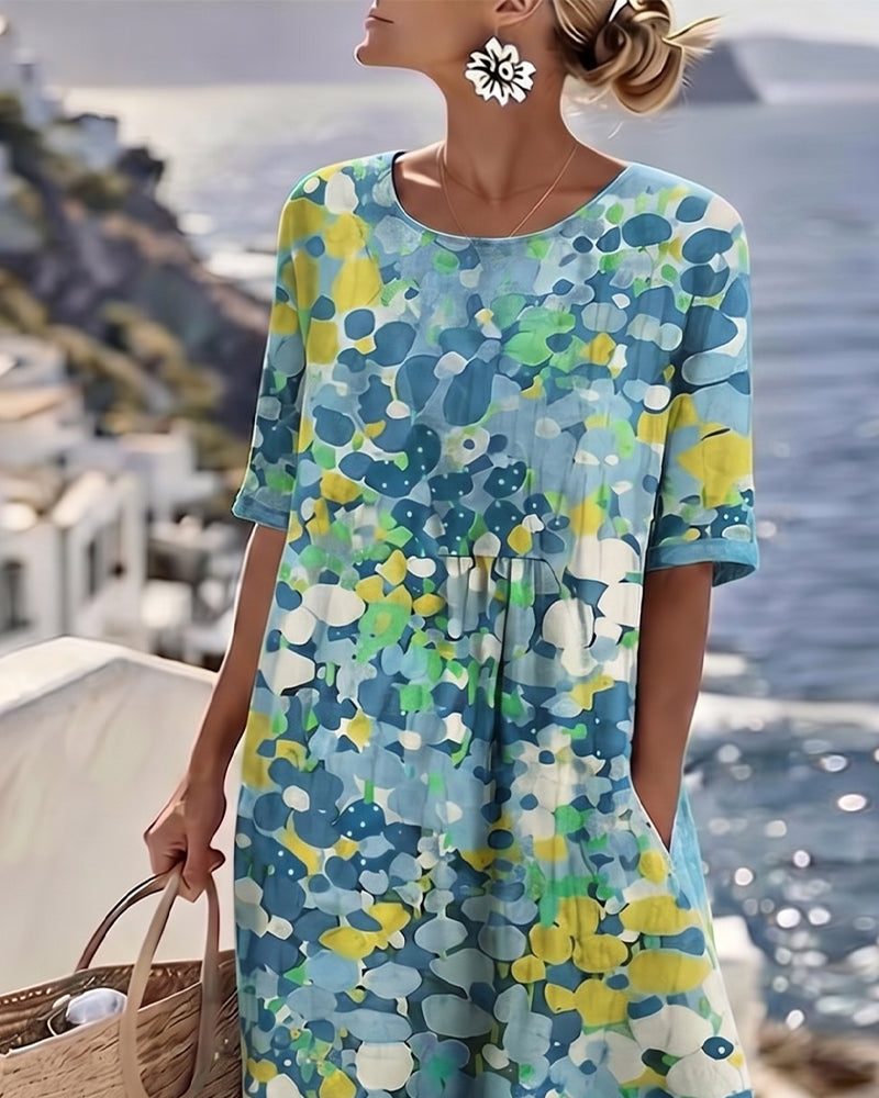 ✨⏰Robe Midi Femme Coton Lin Imprimé Floral Abstrait Poches Manches Courtes