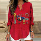 Women's Floral And Bird Embroidery Art Pattern Cotton And Linen V-neck Shirt